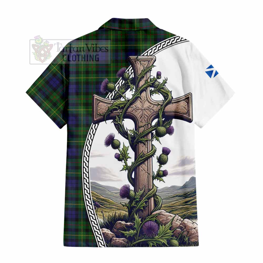 Tartan Vibes Clothing Rollo Tartan Short Sleeve Button Shirt with Family Crest and St. Andrew's Cross Accented by Thistle Vines