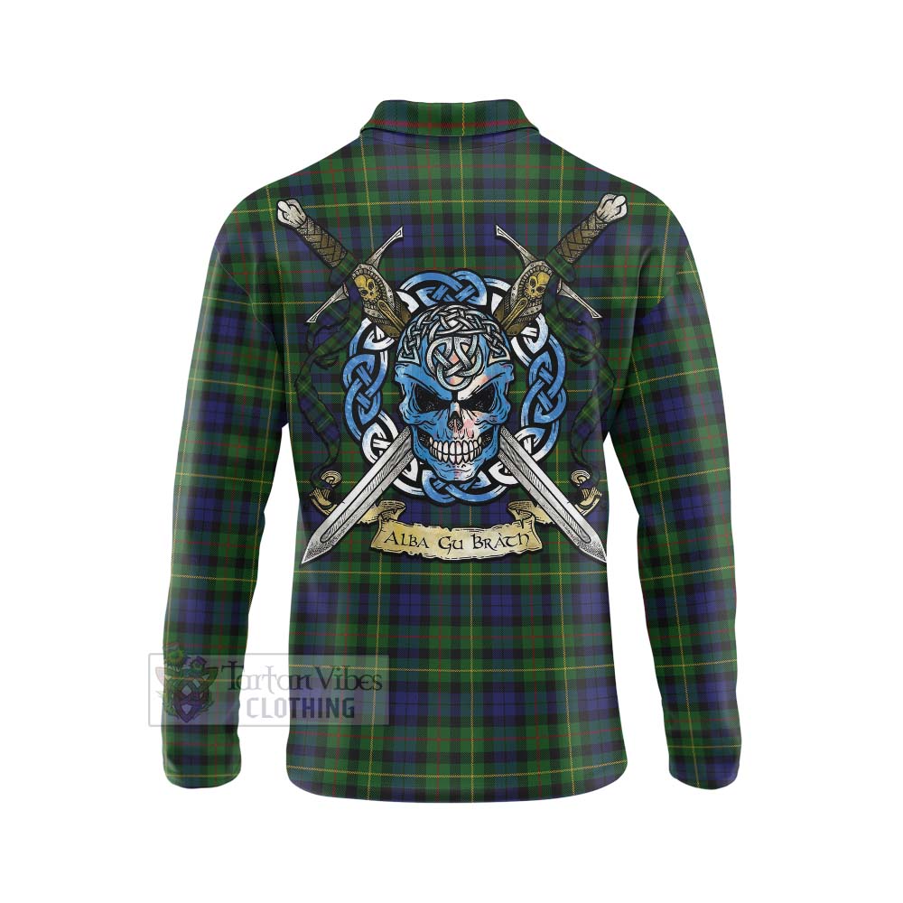 Tartan Vibes Clothing Rollo Tartan Long Sleeve Polo Shirt with Family Crest Celtic Skull Style