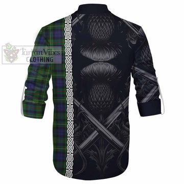 Rollo Tartan Ghillie Kilt Shirt with Family Crest Cross Sword Thistle Celtic Vibes