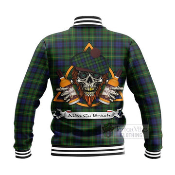 Rollo Tartan Baseball Jacket with Family Crest and Bearded Skull Holding Bottles of Whiskey