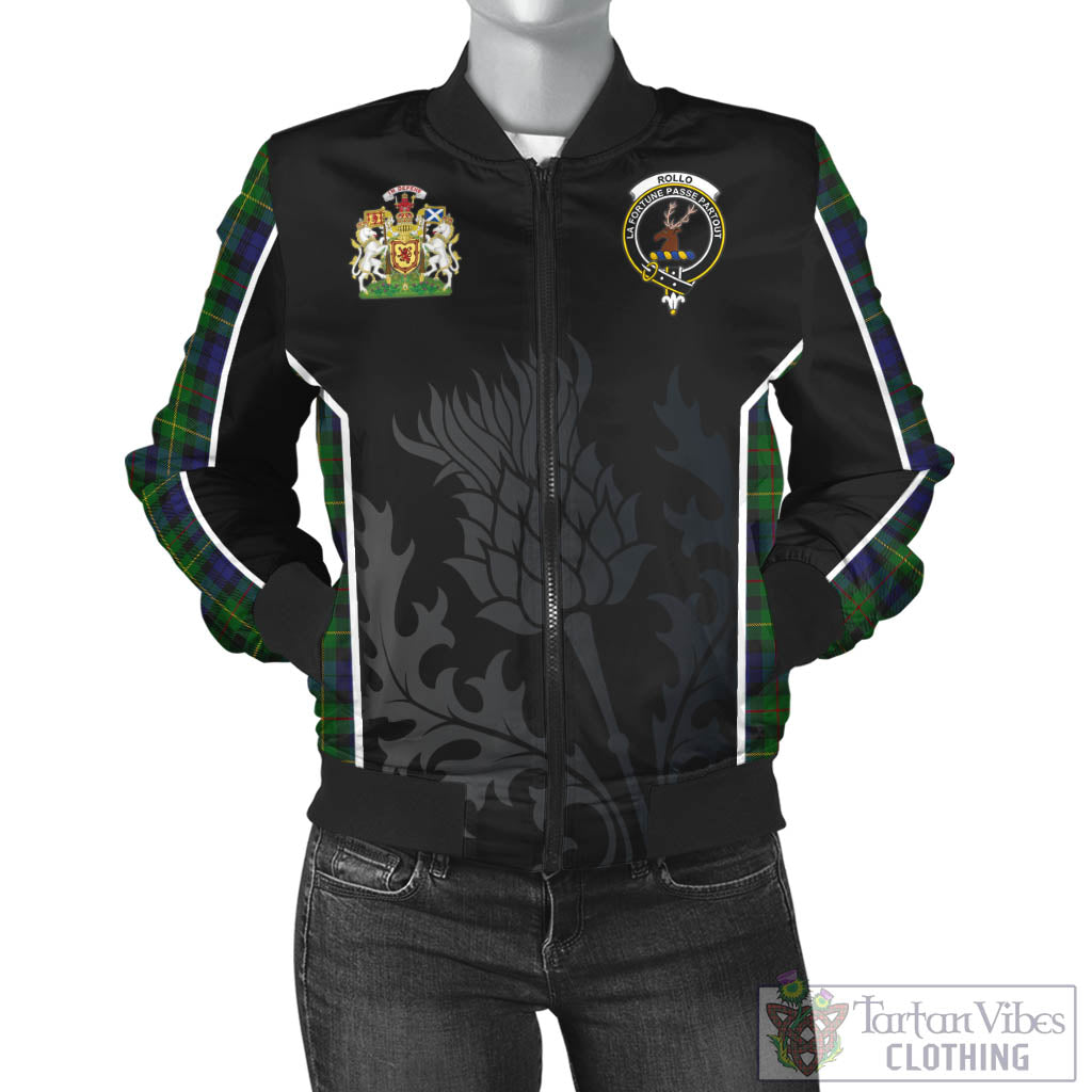 Tartan Vibes Clothing Rollo Tartan Bomber Jacket with Family Crest and Scottish Thistle Vibes Sport Style