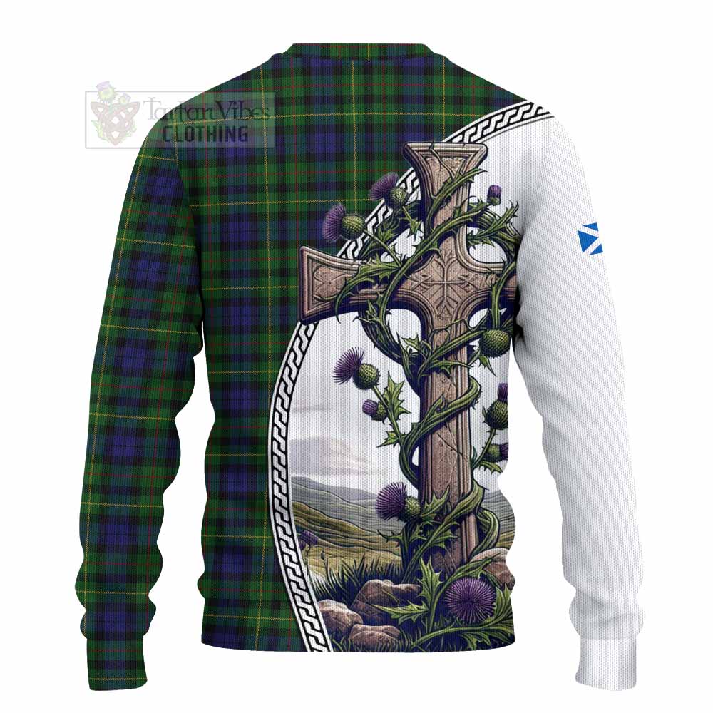 Tartan Vibes Clothing Rollo Tartan Knitted Sweater with Family Crest and St. Andrew's Cross Accented by Thistle Vines