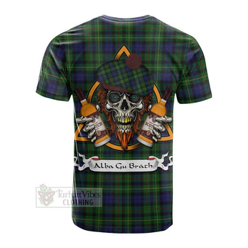 Rollo Tartan Cotton T-shirt with Family Crest and Bearded Skull Holding Bottles of Whiskey