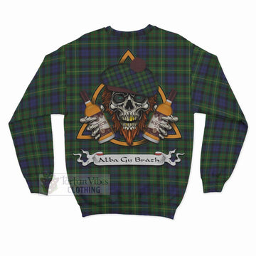 Rollo Tartan Sweatshirt with Family Crest and Bearded Skull Holding Bottles of Whiskey