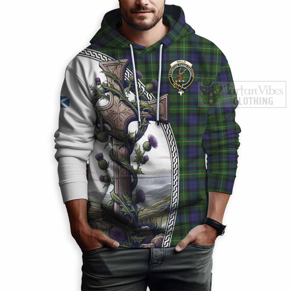 Tartan Vibes Clothing Rollo Tartan Hoodie with Family Crest and St. Andrew's Cross Accented by Thistle Vines