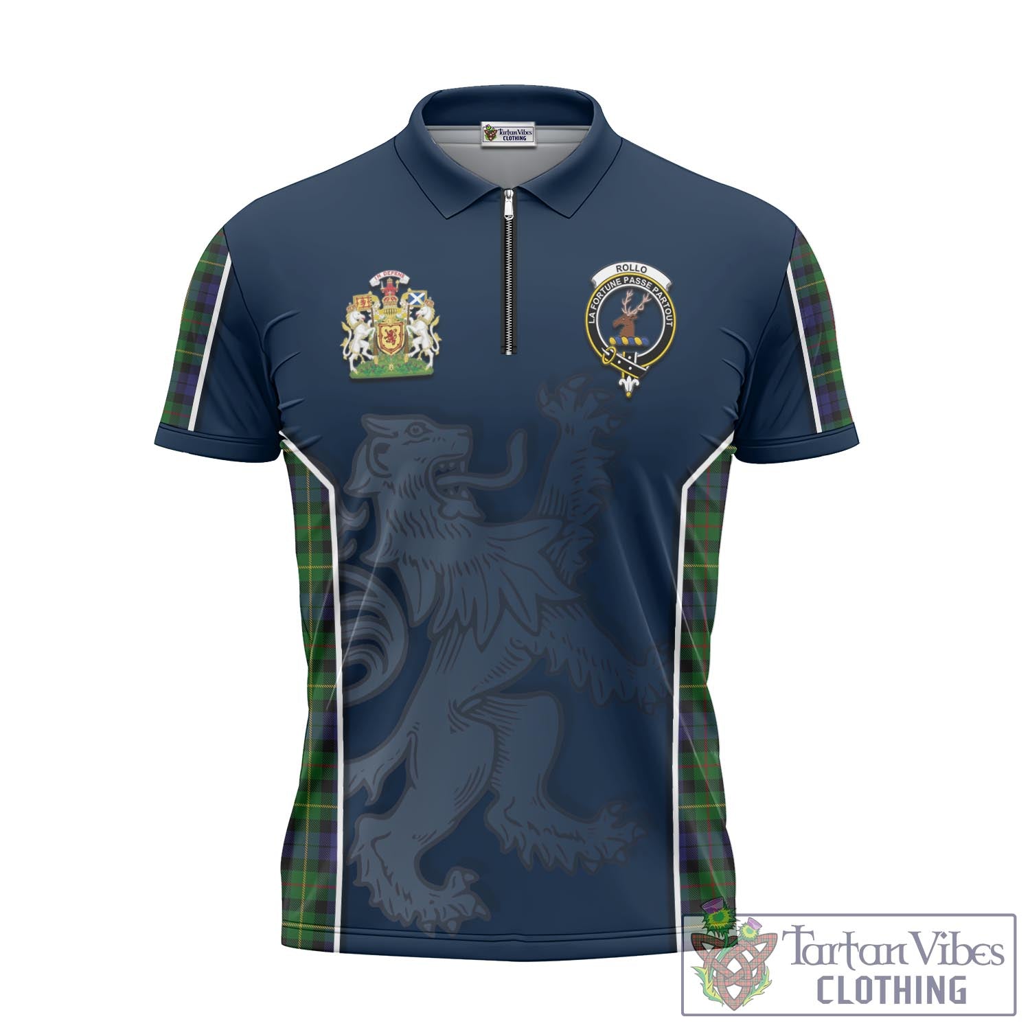 Tartan Vibes Clothing Rollo Tartan Zipper Polo Shirt with Family Crest and Lion Rampant Vibes Sport Style