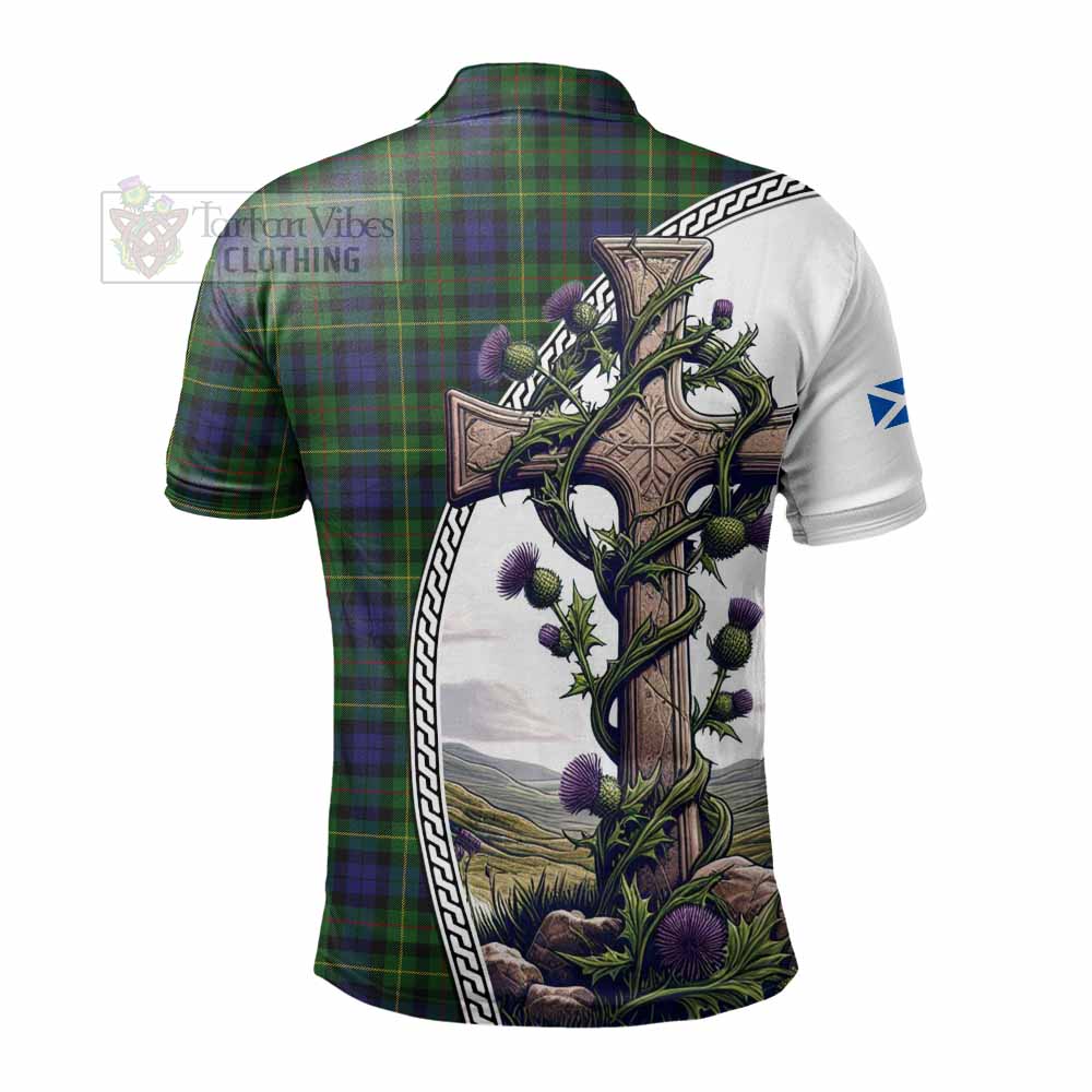 Tartan Vibes Clothing Rollo Tartan Polo Shirt with Family Crest and St. Andrew's Cross Accented by Thistle Vines