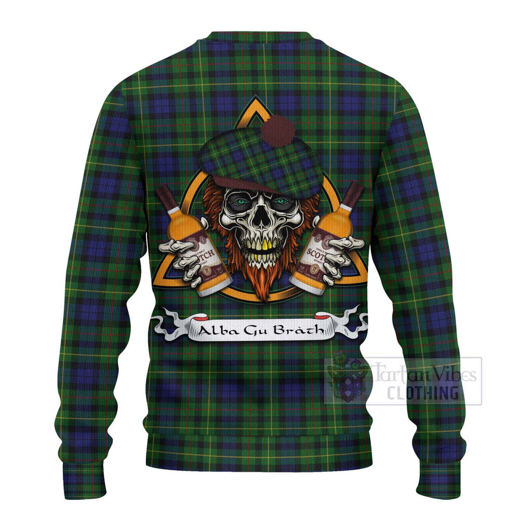 Tartan Vibes Clothing Rollo Tartan Knitted Sweater with Family Crest and Bearded Skull Holding Bottles of Whiskey