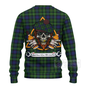 Rollo Tartan Ugly Sweater with Family Crest and Bearded Skull Holding Bottles of Whiskey