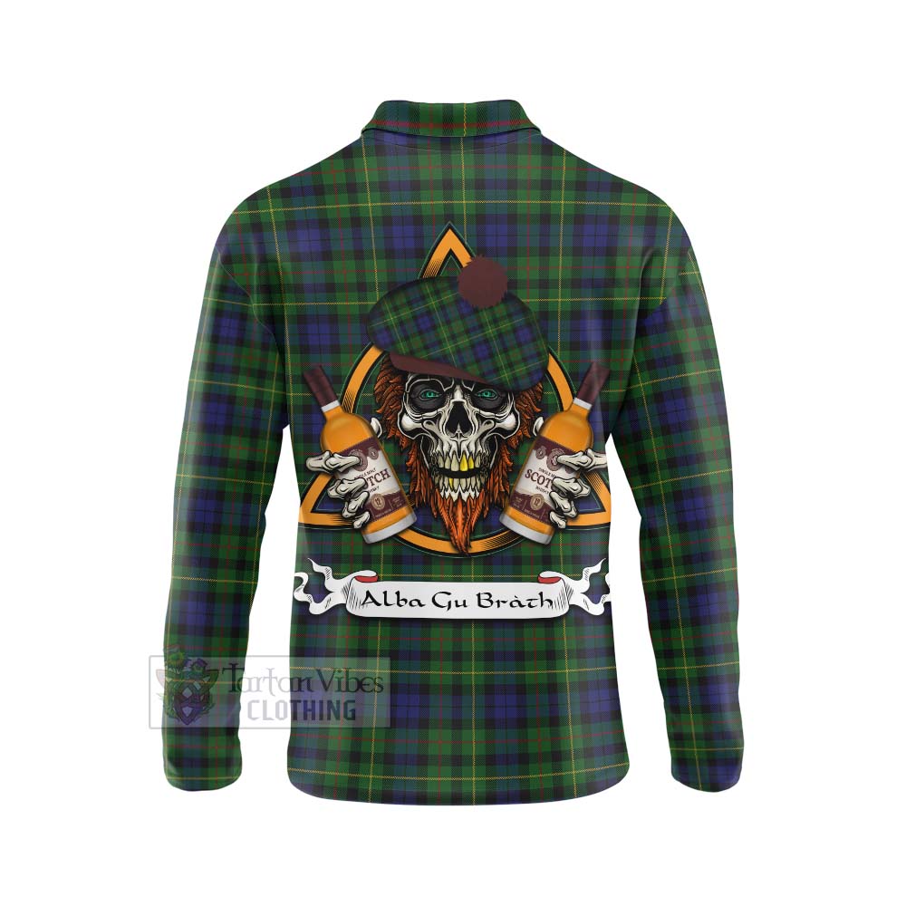 Tartan Vibes Clothing Rollo Tartan Long Sleeve Polo Shirt with Family Crest and Bearded Skull Holding Bottles of Whiskey