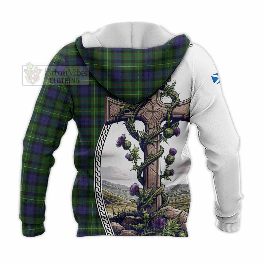 Tartan Vibes Clothing Rollo Tartan Knitted Hoodie with Family Crest and St. Andrew's Cross Accented by Thistle Vines