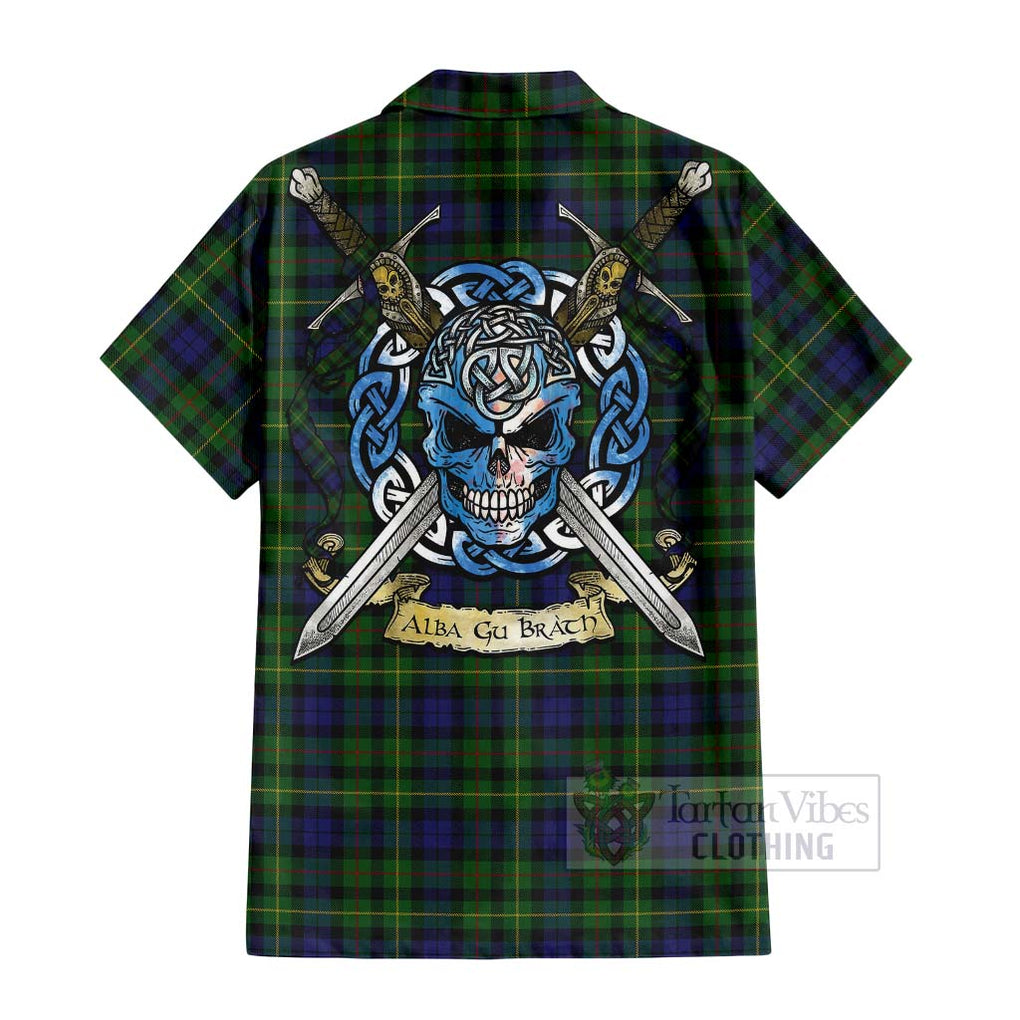 Tartan Vibes Clothing Rollo Tartan Short Sleeve Button Shirt with Family Crest Celtic Skull Style