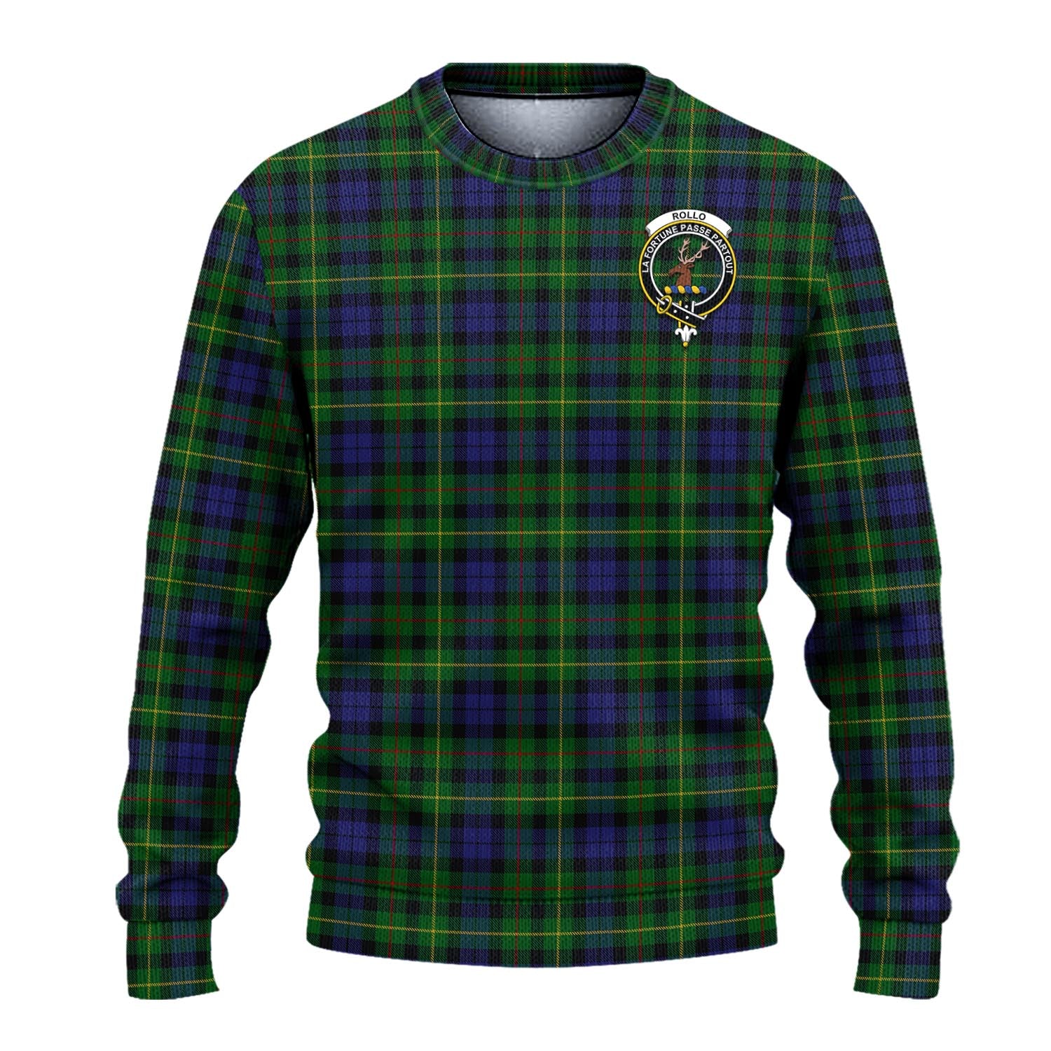 Rollo Tartan Knitted Sweater with Family Crest - Tartanvibesclothing