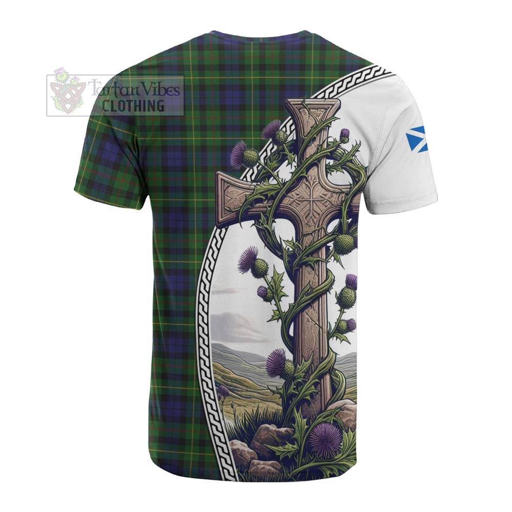 Tartan Vibes Clothing Rollo Tartan Cotton T-shirt with Family Crest and St. Andrew's Cross Accented by Thistle Vines