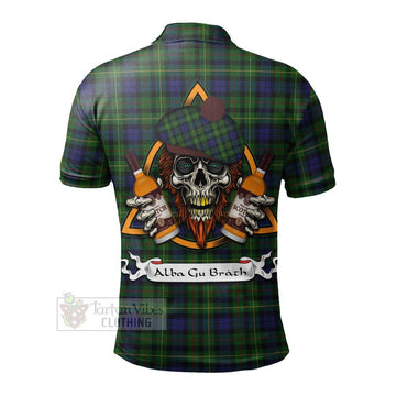 Rollo Tartan Polo Shirt with Family Crest and Bearded Skull Holding Bottles of Whiskey