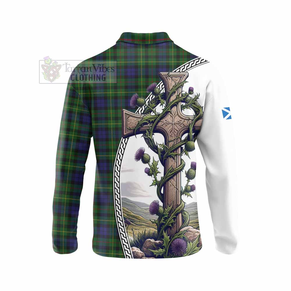 Tartan Vibes Clothing Rollo Tartan Long Sleeve Polo Shirt with Family Crest and St. Andrew's Cross Accented by Thistle Vines