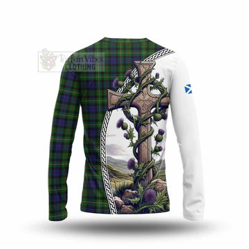 Rollo Tartan Long Sleeve T-Shirt with Family Crest and St. Andrew's Cross Accented by Thistle Vines