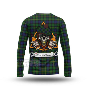 Rollo Tartan Long Sleeve T-Shirt with Family Crest and Bearded Skull Holding Bottles of Whiskey