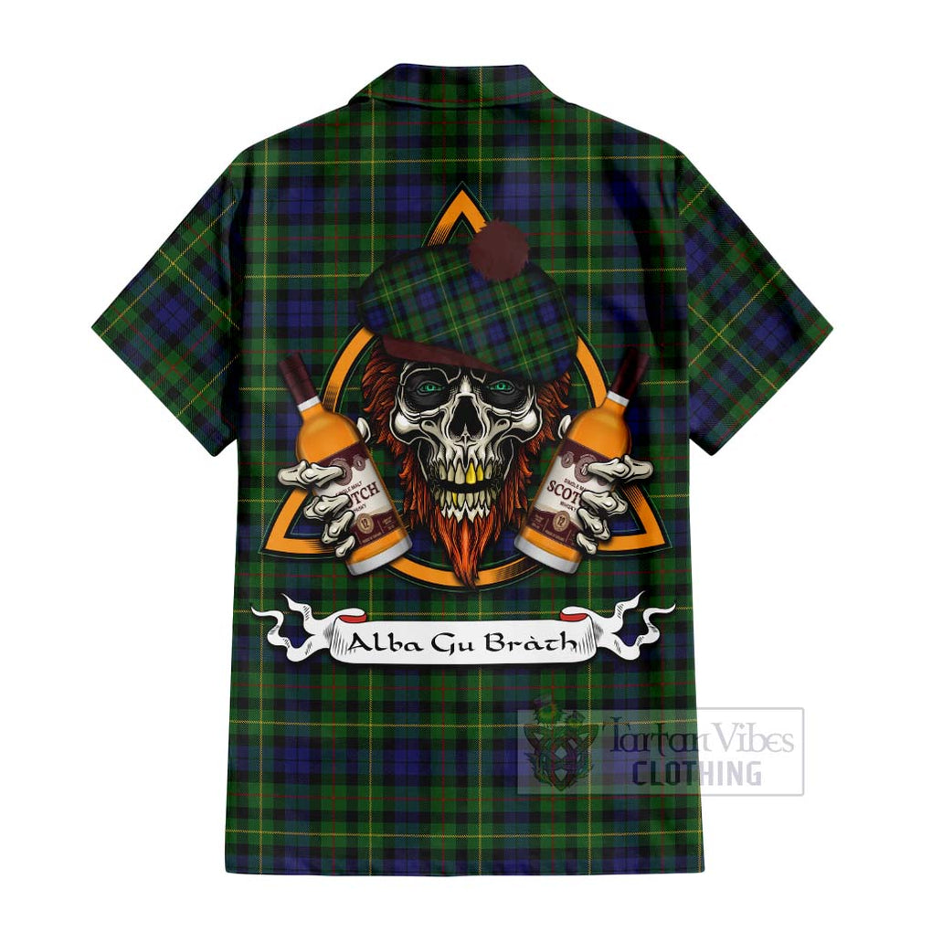 Tartan Vibes Clothing Rollo Tartan Short Sleeve Button Shirt with Family Crest and Bearded Skull Holding Bottles of Whiskey