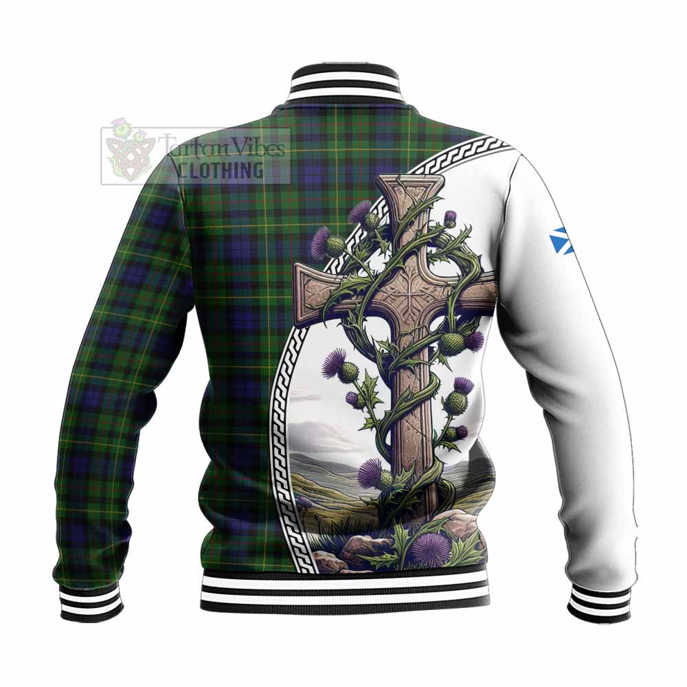 Tartan Vibes Clothing Rollo Tartan Baseball Jacket with Family Crest and St. Andrew's Cross Accented by Thistle Vines