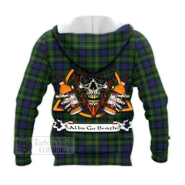 Rollo Tartan Knitted Hoodie with Family Crest and Bearded Skull Holding Bottles of Whiskey