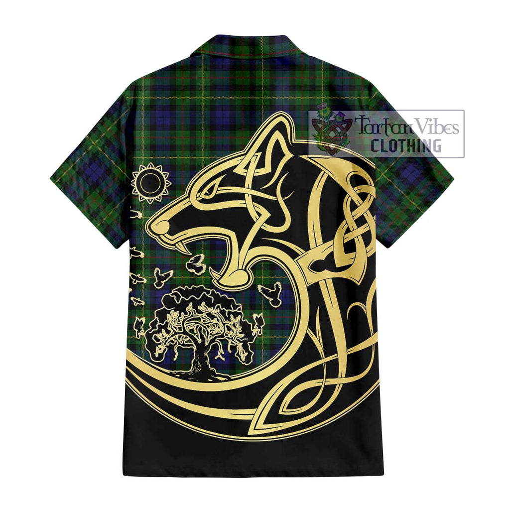 Rollo Tartan Short Sleeve Button Shirt with Family Crest Celtic Wolf Style - Tartan Vibes Clothing