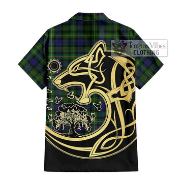 Rollo Tartan Short Sleeve Button Shirt with Family Crest Celtic Wolf Style