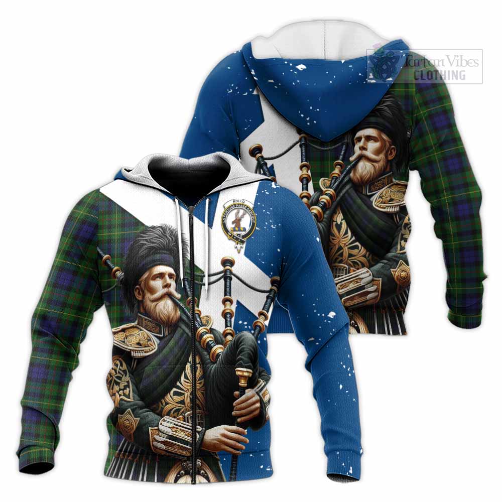 Tartan Vibes Clothing Rollo Tartan Knitted Hoodie with Family Crest Scottish Bagpiper Vibes