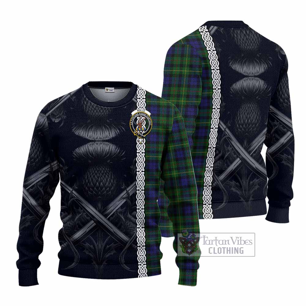 Tartan Vibes Clothing Rollo Tartan Knitted Sweater with Family Crest Cross Sword Thistle Celtic Vibes