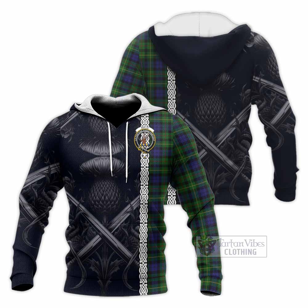 Tartan Vibes Clothing Rollo Tartan Knitted Hoodie with Family Crest Cross Sword Thistle Celtic Vibes