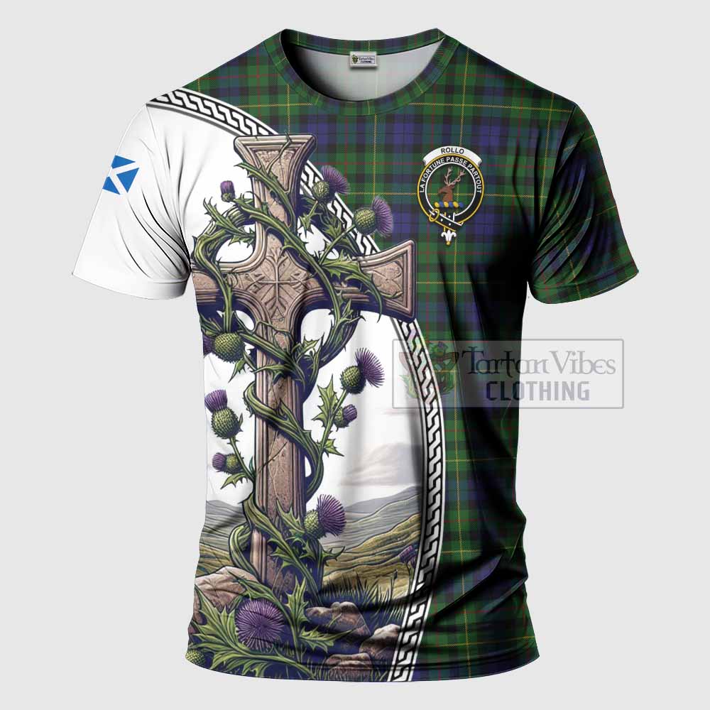 Tartan Vibes Clothing Rollo Agnew Tartan T-Shirt with Family Crest and St. Andrew's Cross Accented by Thistle Vines