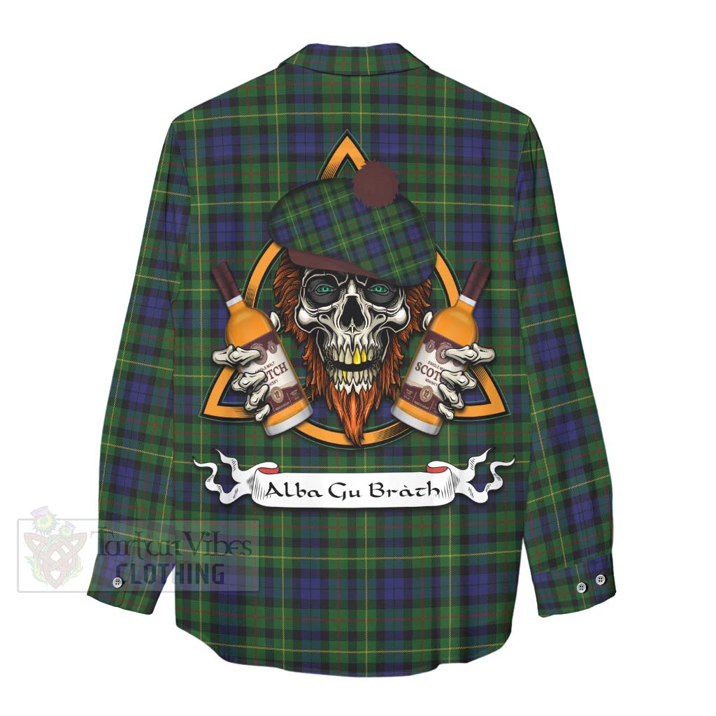 Tartan Vibes Clothing Rollo Tartan Women's Casual Shirt with Family Crest and Bearded Skull Holding Bottles of Whiskey