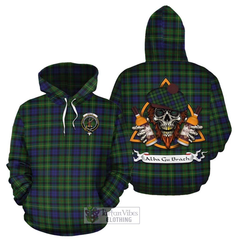 Tartan Vibes Clothing Rollo Tartan Cotton Hoodie with Family Crest and Bearded Skull Holding Bottles of Whiskey