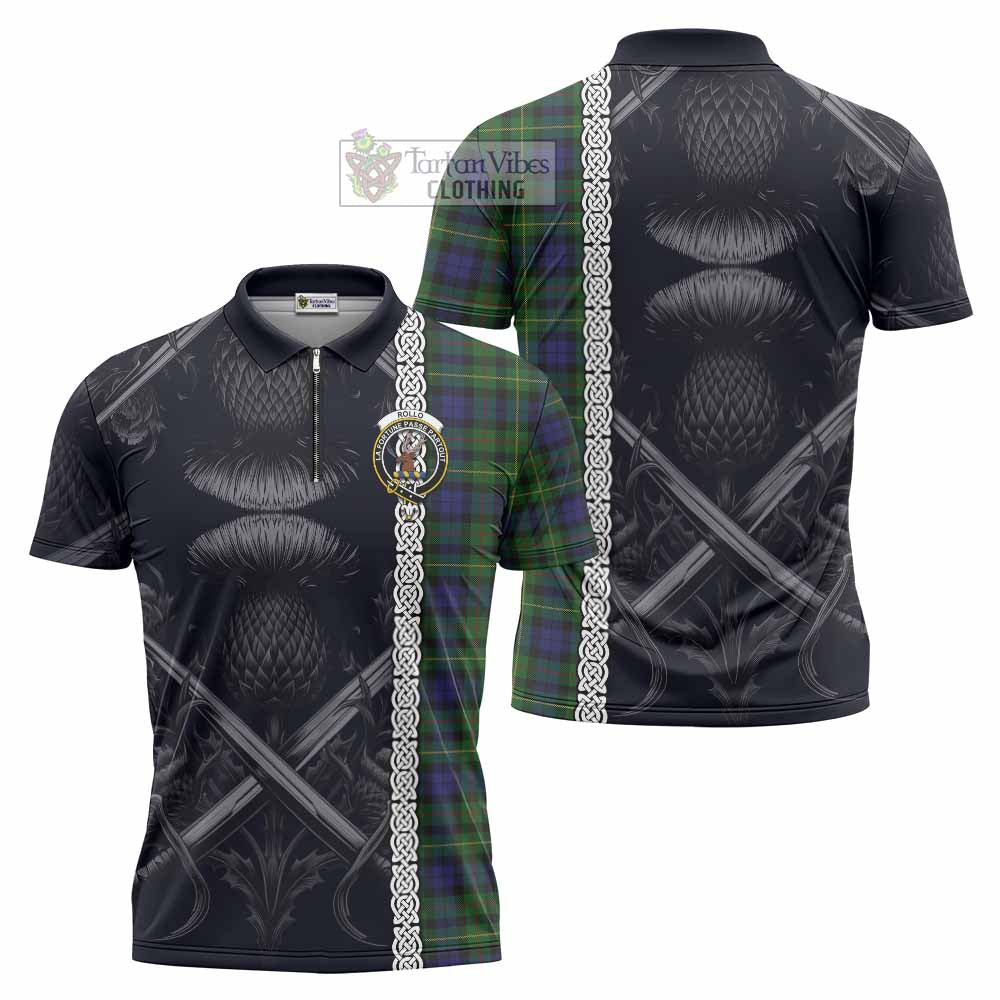 Tartan Vibes Clothing Rollo Tartan Zipper Polo Shirt with Family Crest Cross Sword Thistle Celtic Vibes