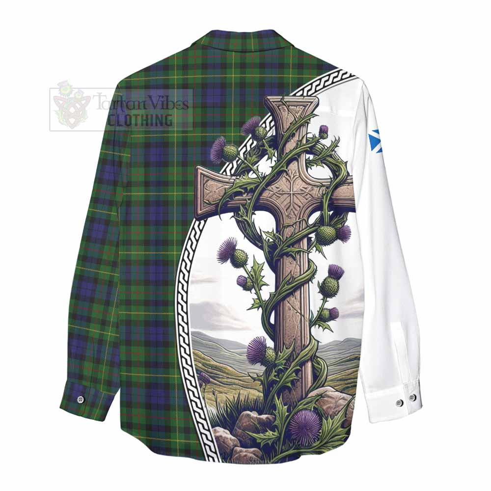 Tartan Vibes Clothing Rollo Tartan Women's Casual Shirt with Family Crest and St. Andrew's Cross Accented by Thistle Vines