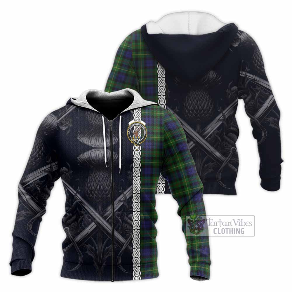 Tartan Vibes Clothing Rollo Tartan Knitted Hoodie with Family Crest Cross Sword Thistle Celtic Vibes