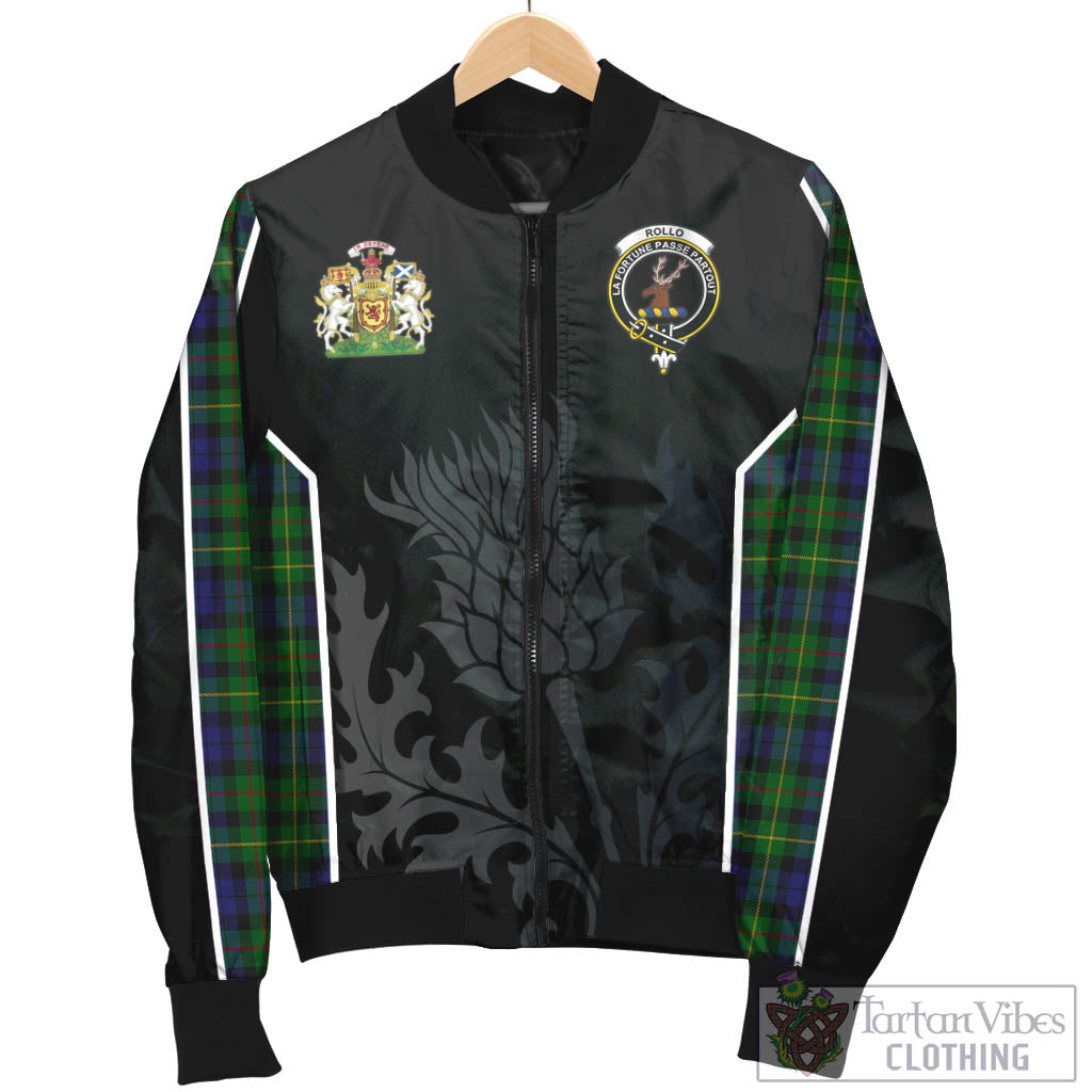 Tartan Vibes Clothing Rollo Tartan Bomber Jacket with Family Crest and Scottish Thistle Vibes Sport Style