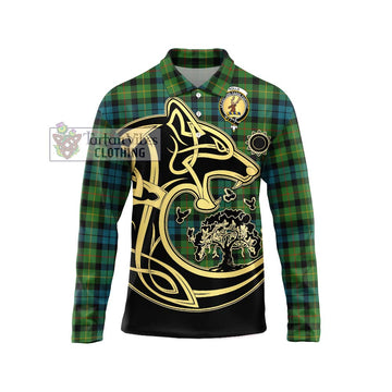 Rollo Ancient Tartan Long Sleeve Polo Shirt with Family Crest Celtic Wolf Style