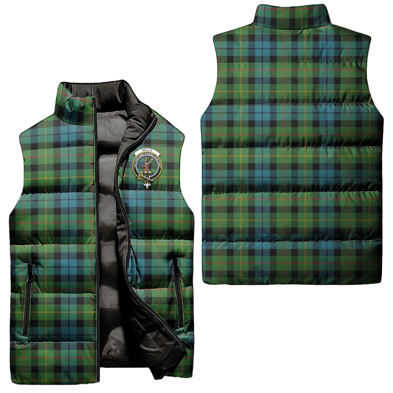 Rollo Ancient Tartan Sleeveless Puffer Jacket with Family Crest Unisex - Tartanvibesclothing