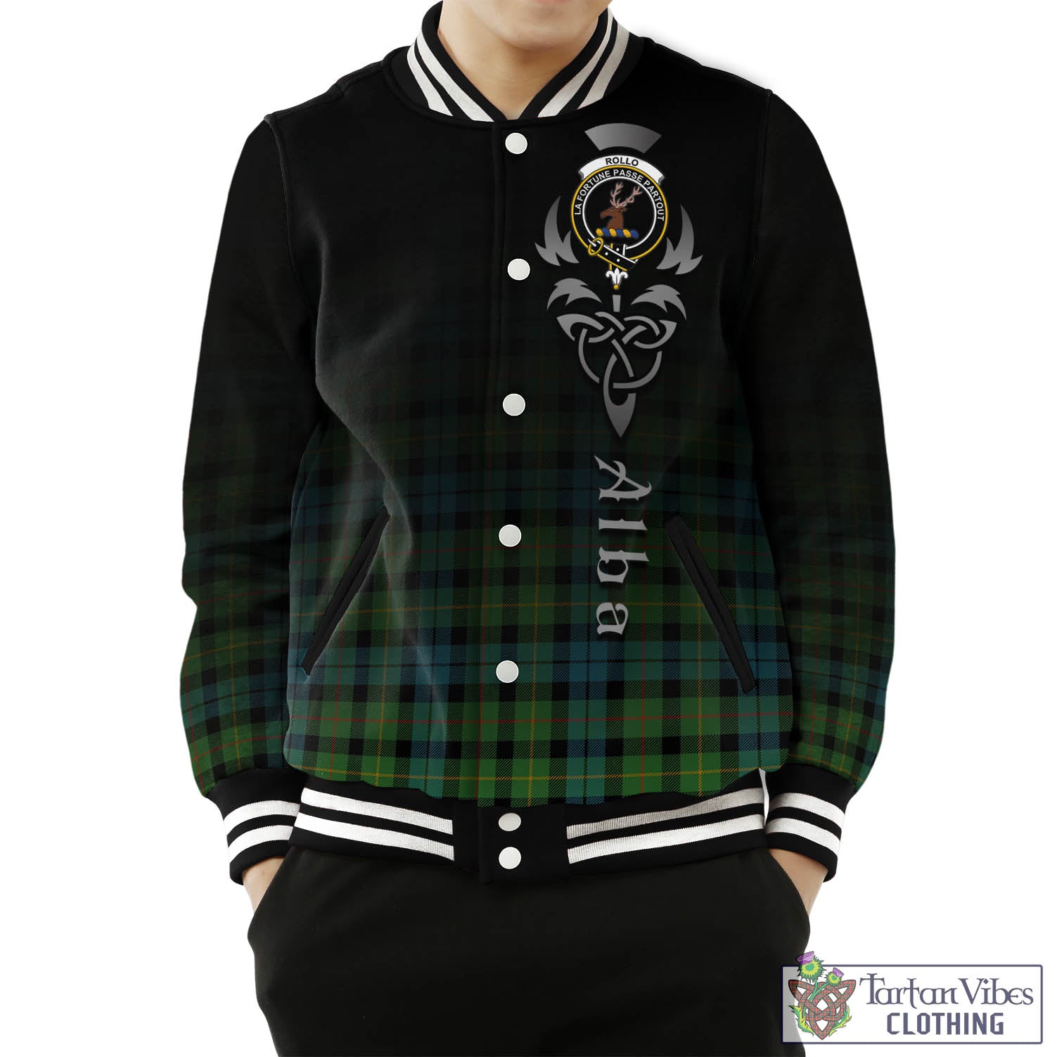 Tartan Vibes Clothing Rollo Ancient Tartan Baseball Jacket Featuring Alba Gu Brath Family Crest Celtic Inspired