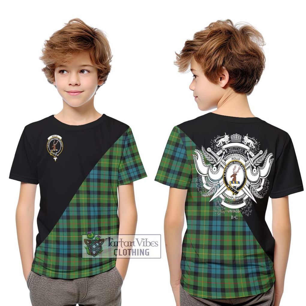 Rollo Ancient Tartan Kid T-Shirt with Family Crest and Military Logo Style Youth XL Size14 - Tartanvibesclothing Shop