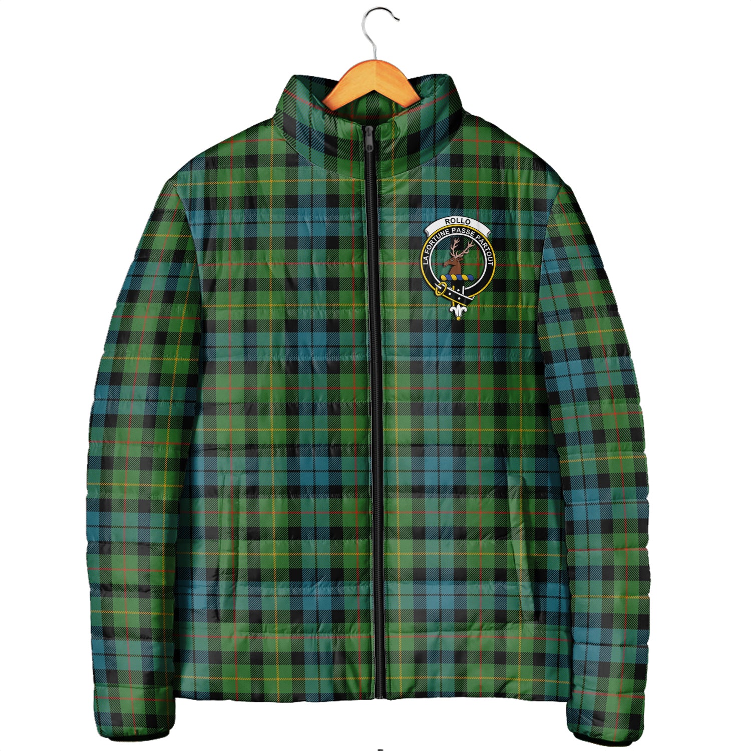 Rollo Ancient Tartan Padded Jacket with Family Crest Men's Padded Jacket - Tartan Vibes Clothing