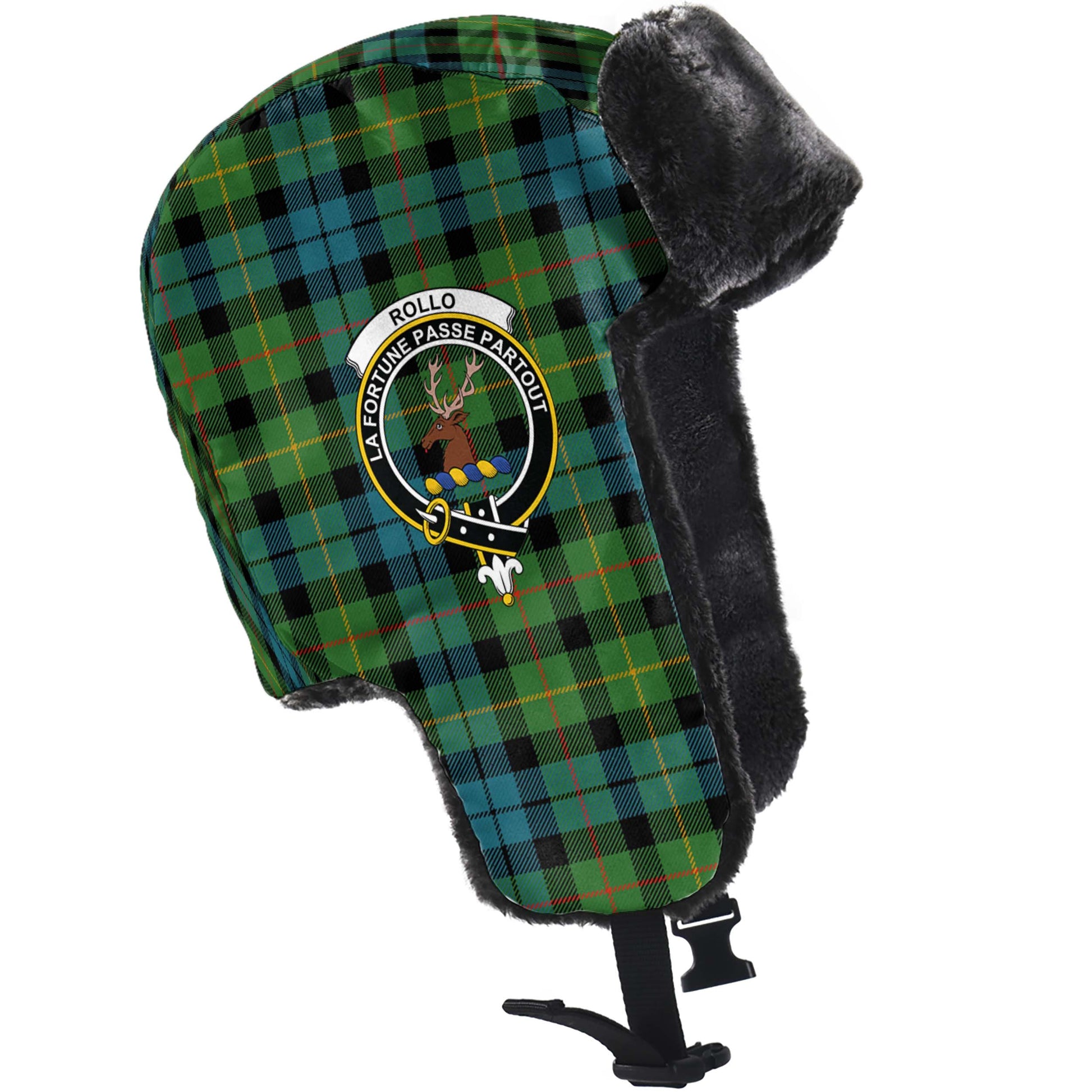 Rollo Ancient Tartan Winter Trapper Hat with Family Crest - Tartanvibesclothing