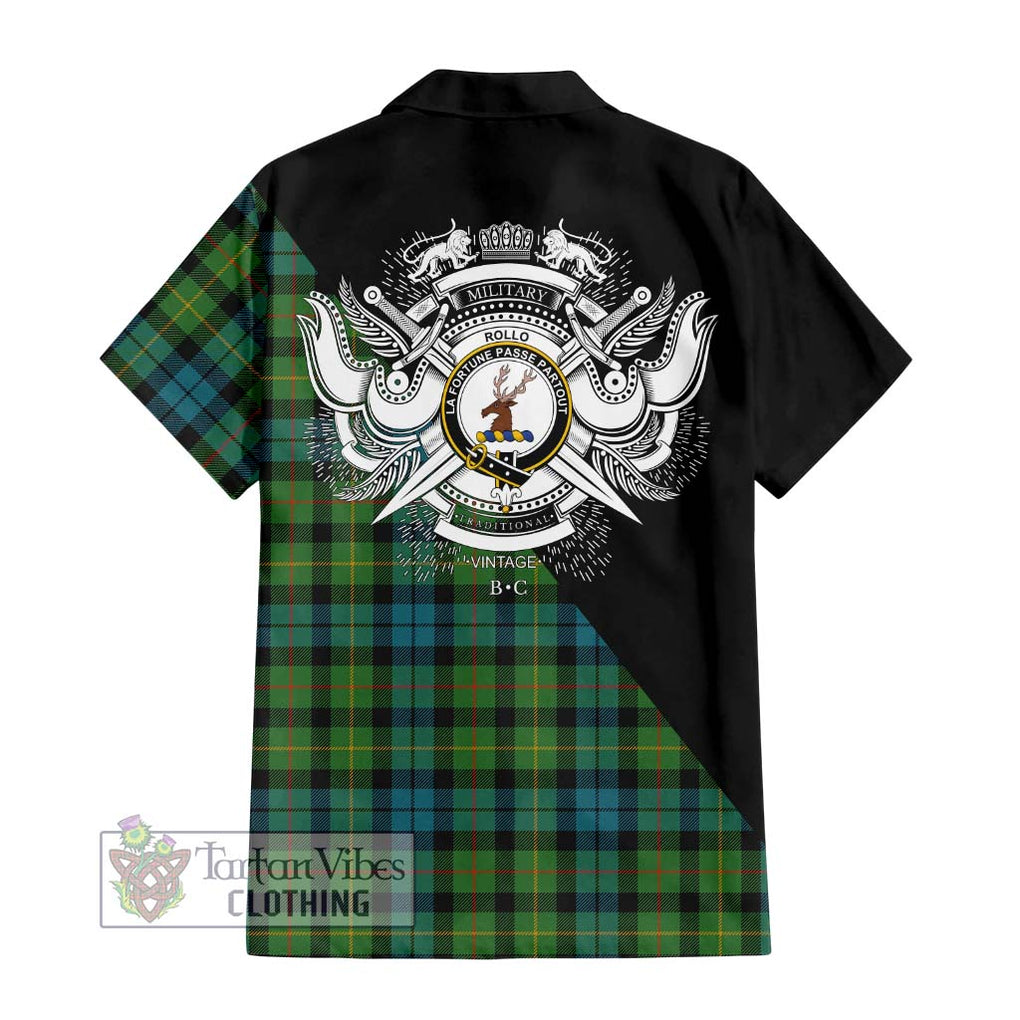 Rollo Ancient Tartan Short Sleeve Button Shirt with Family Crest and Military Logo Style - Tartanvibesclothing Shop