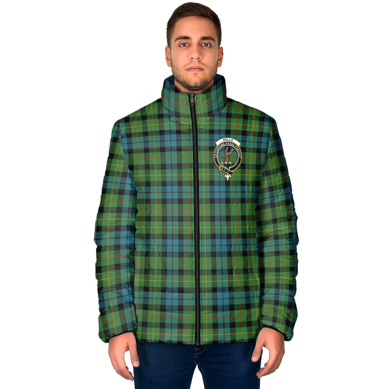 Rollo Ancient Tartan Padded Jacket with Family Crest - Tartan Vibes Clothing