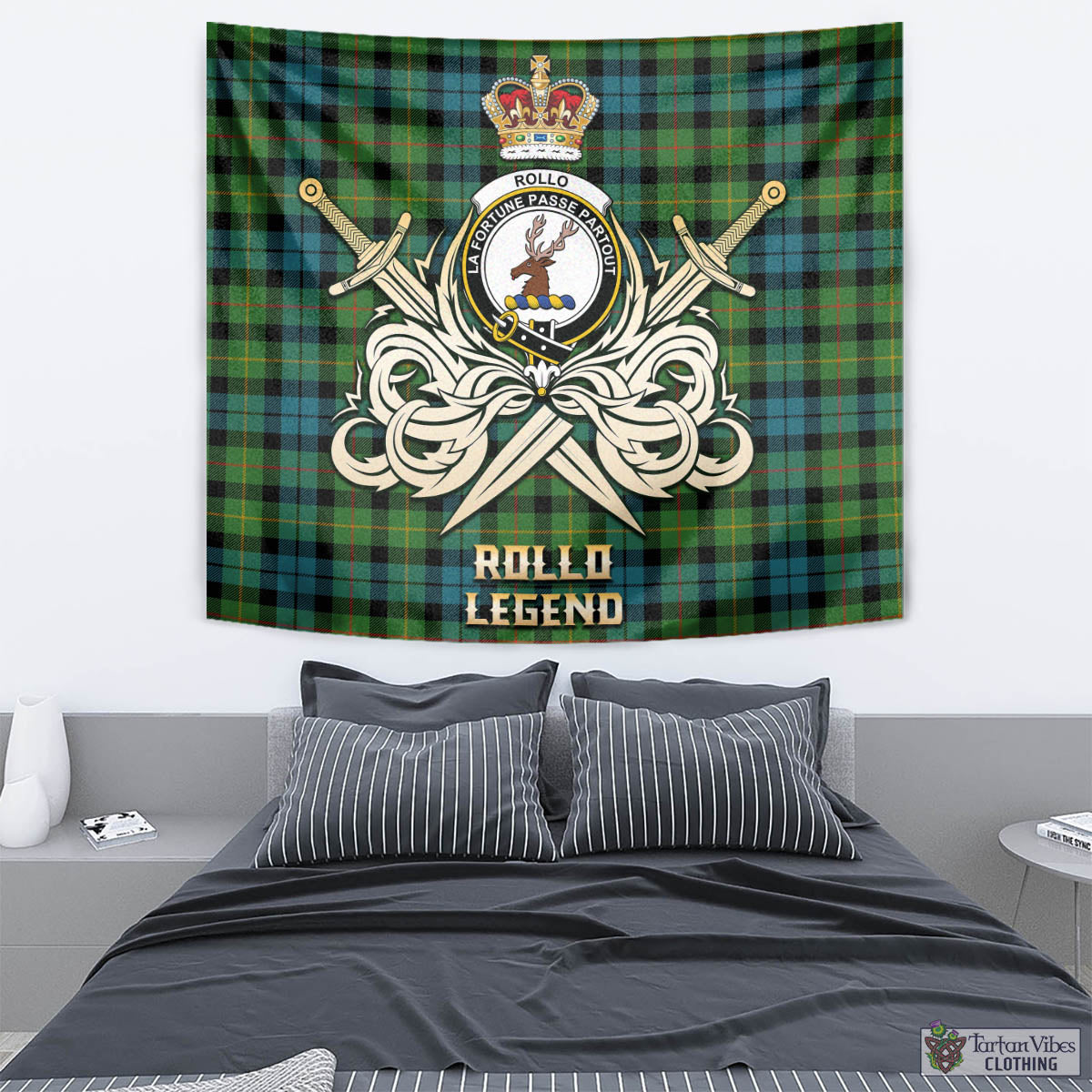 Tartan Vibes Clothing Rollo Ancient Tartan Tapestry with Clan Crest and the Golden Sword of Courageous Legacy