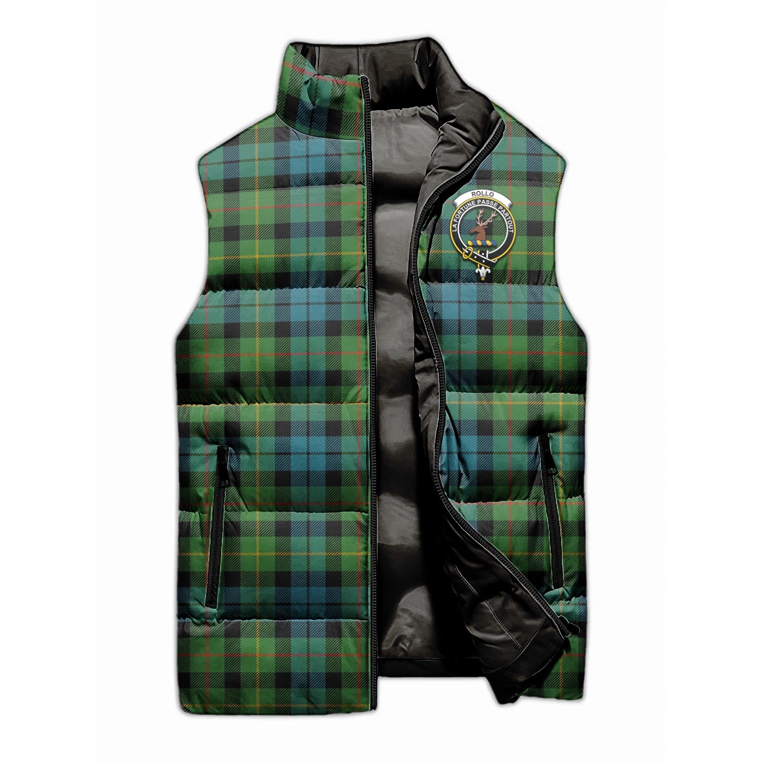 Rollo Ancient Tartan Sleeveless Puffer Jacket with Family Crest - Tartanvibesclothing