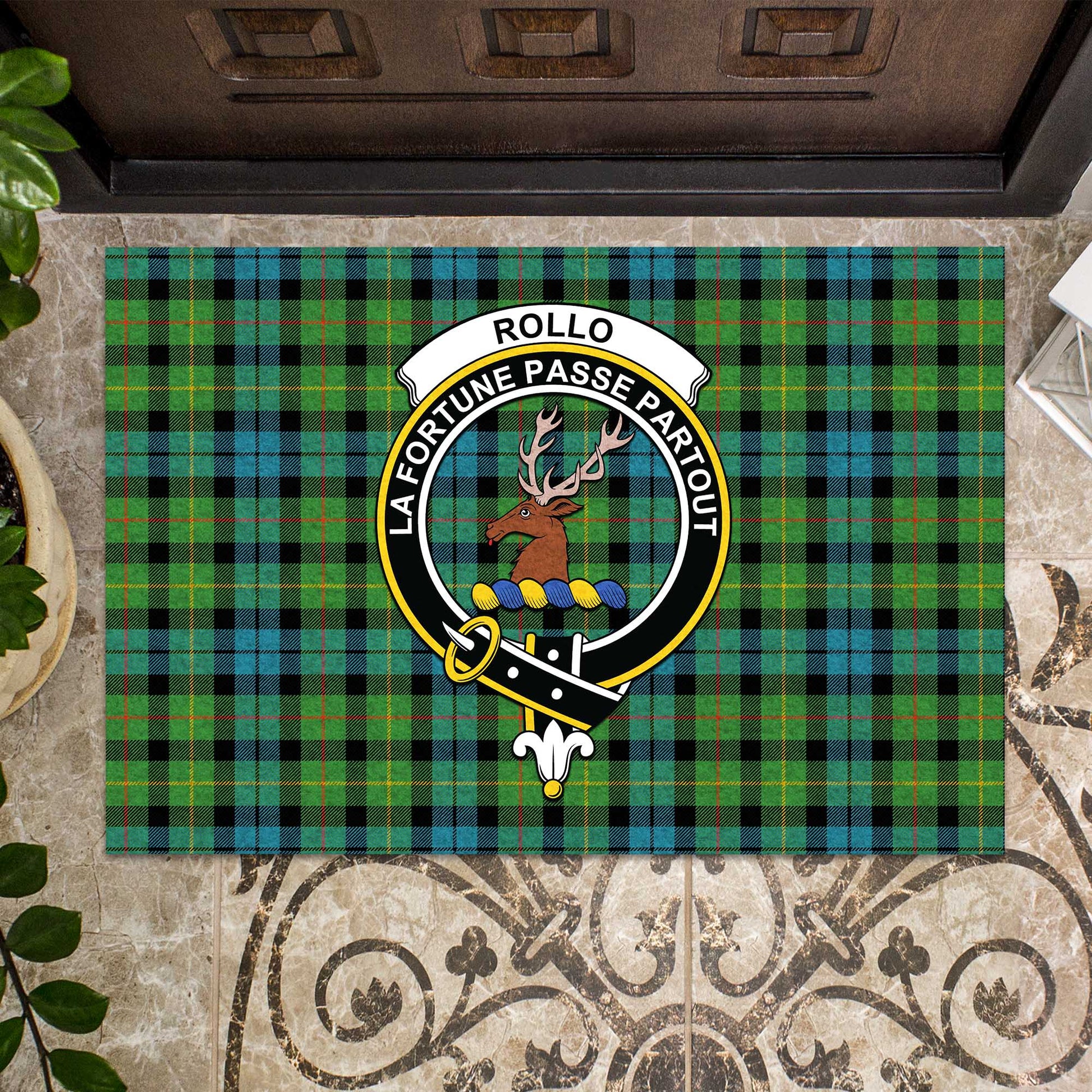 Rollo Ancient Tartan Door Mat with Family Crest - Tartanvibesclothing Shop