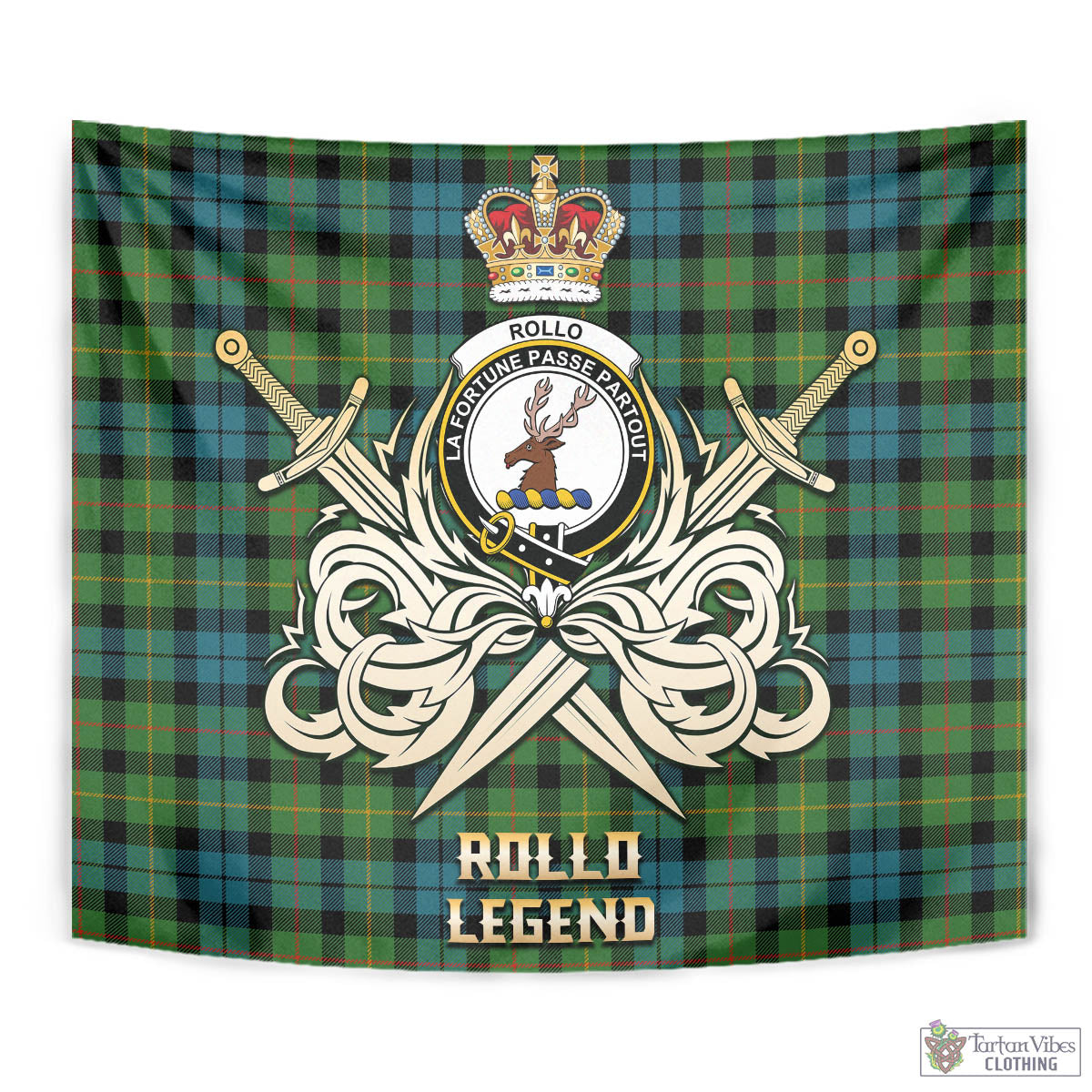 Tartan Vibes Clothing Rollo Ancient Tartan Tapestry with Clan Crest and the Golden Sword of Courageous Legacy