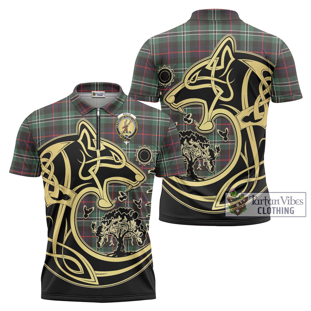 Rollo Hunting Tartan Zipper Polo Shirt with Family Crest Celtic Wolf Style Unisex - Tartanvibesclothing Shop